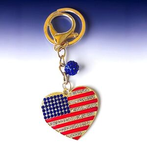 Patriotic Heart Bag Charm / Keychain with Blue Crystal Accent